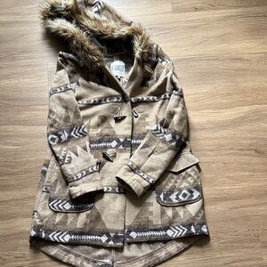 BB Dakota Tan Patterned Utility Jacket with Faux Fur Hood